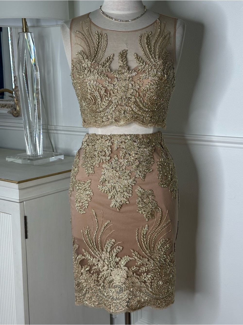 Terani Couture Gold Embroidered Nude Two-Piece Dress